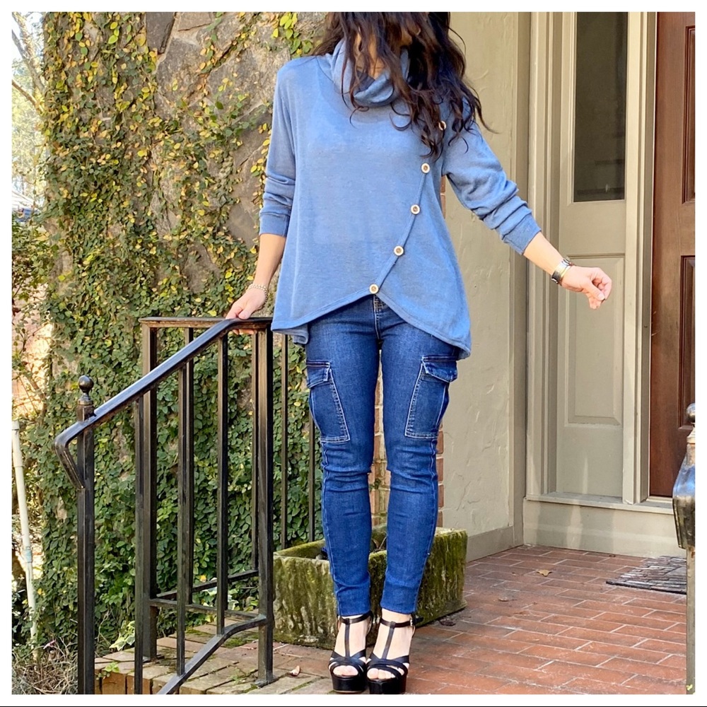 chic side button trim cowl neck knit tunic - Picture 4 of 13